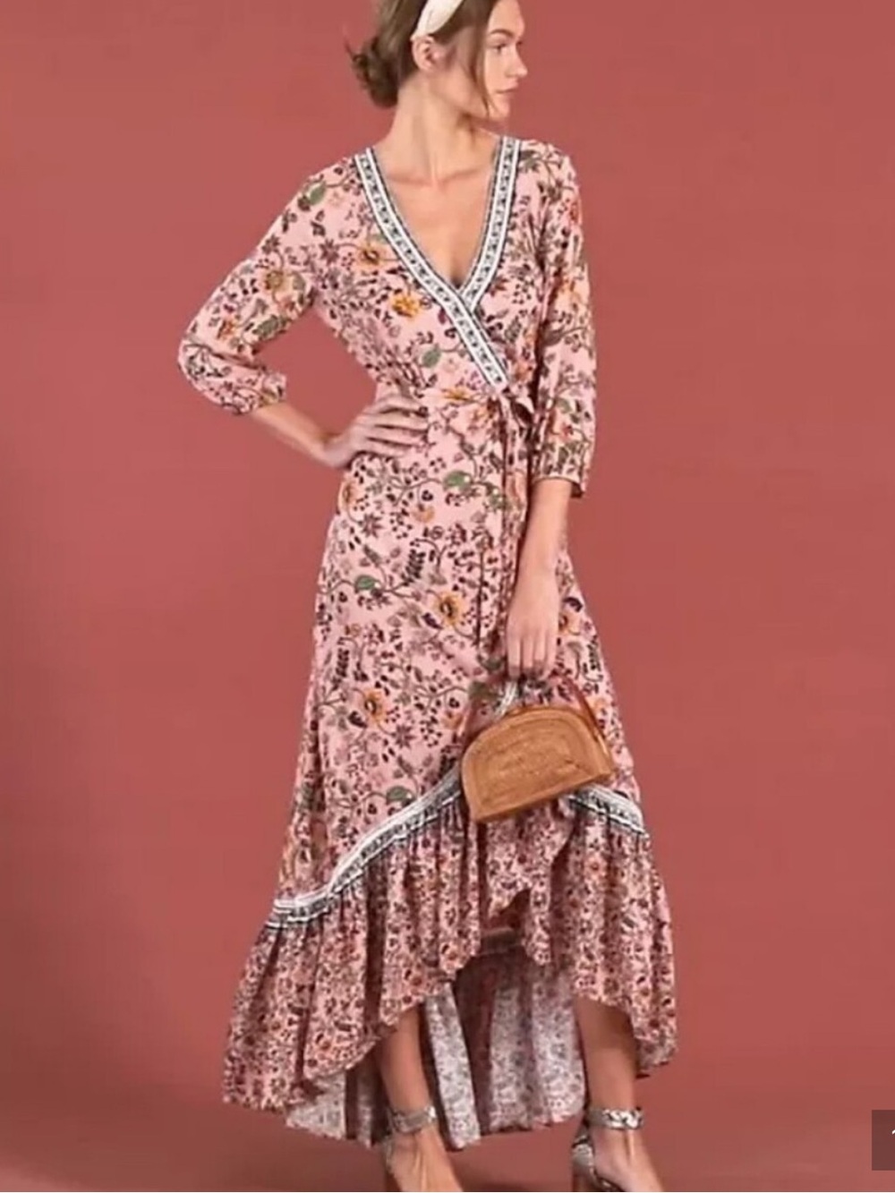 FARM Rio Pink Floral Clara Wrap Maxi Dress with Trim - Picture 4 of 7
